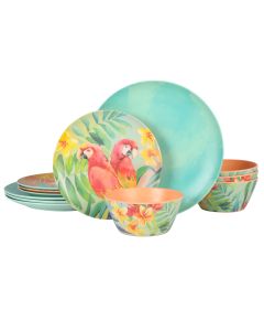 Laurie Gates Tropical Parrots 12 Piece Melamine Dinnerware Set in Assorted Designs